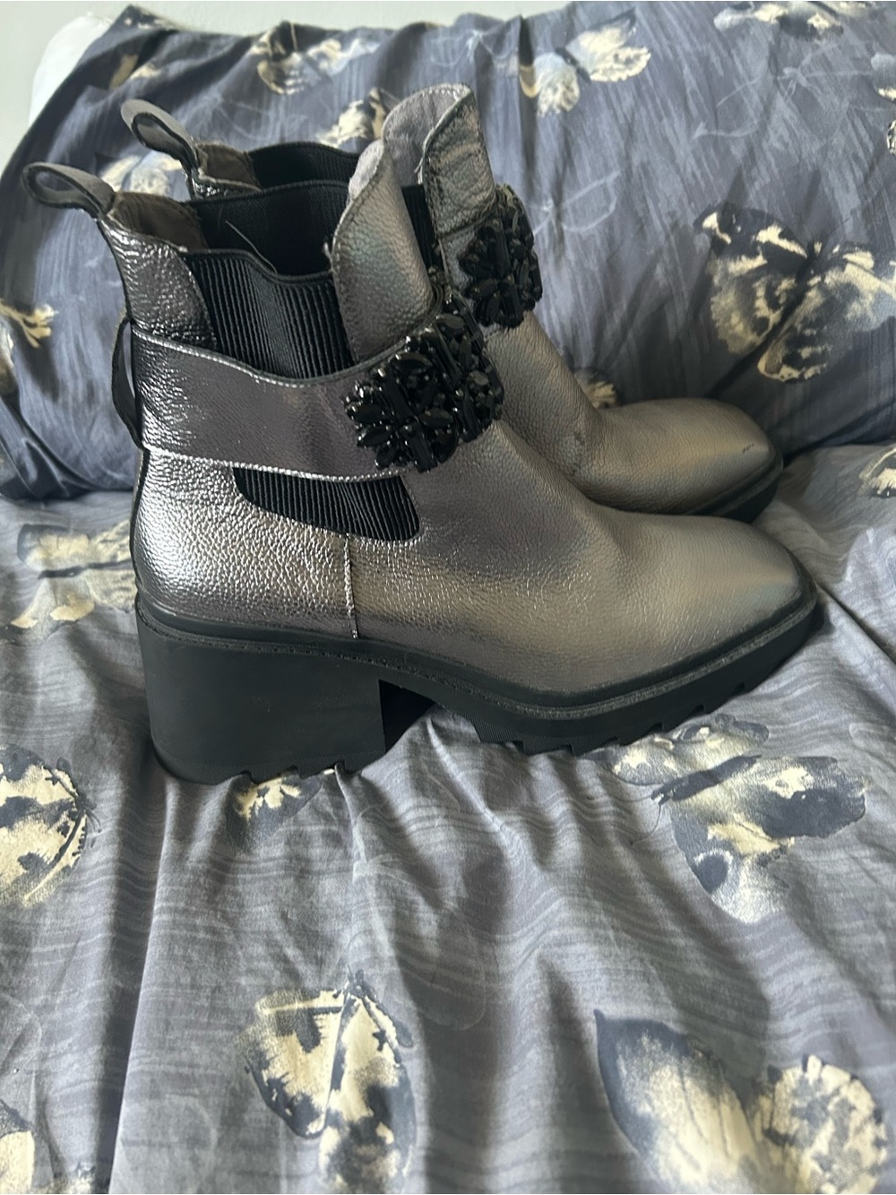 Karl Lagerfeld Metallic Silver Ankle Boots with Black Embellished Strap